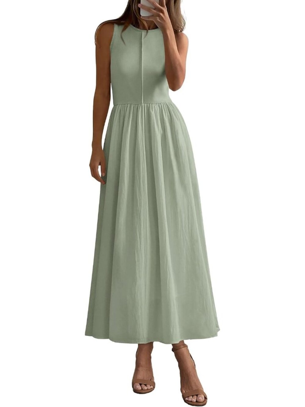 🆕 Women's Sage Green Sleeveless Crewneck Maxi Dress Casual Flowy Sundress